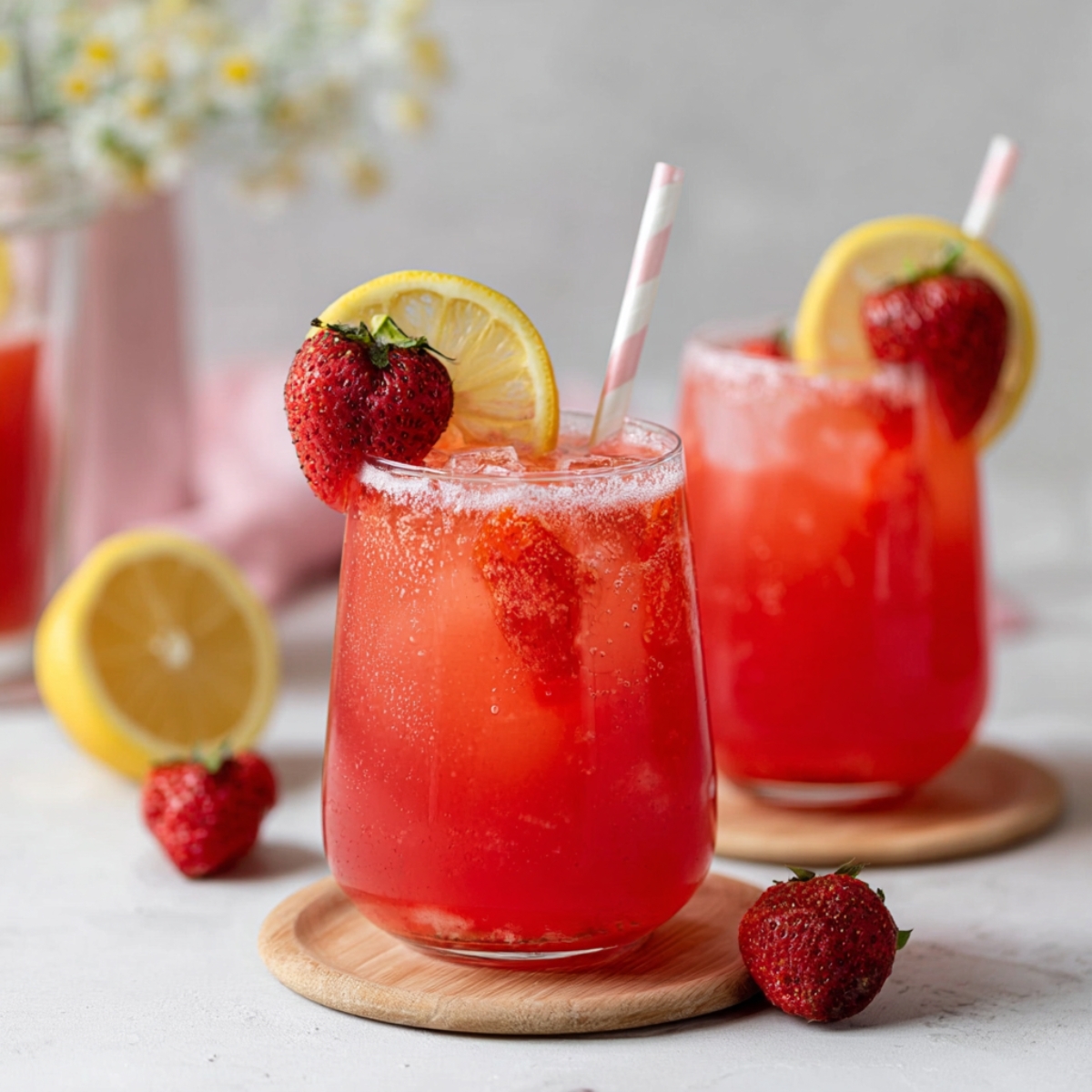 Two glasses of homemade strawberry lemonade served on small wooden coasters. The lemonade is red-pink with ice cubes and pieces of fresh strawberries inside. Each glass is garnished with a lemon slice and a whole strawberry, and has a pink and white striped paper straw. In the background, there's a halved lemon, an extra strawberry, a soft pink napkin, a blurred glass pitcher, and a vase with chamomile flowers, creating a cozy summer kitchen vibe.
