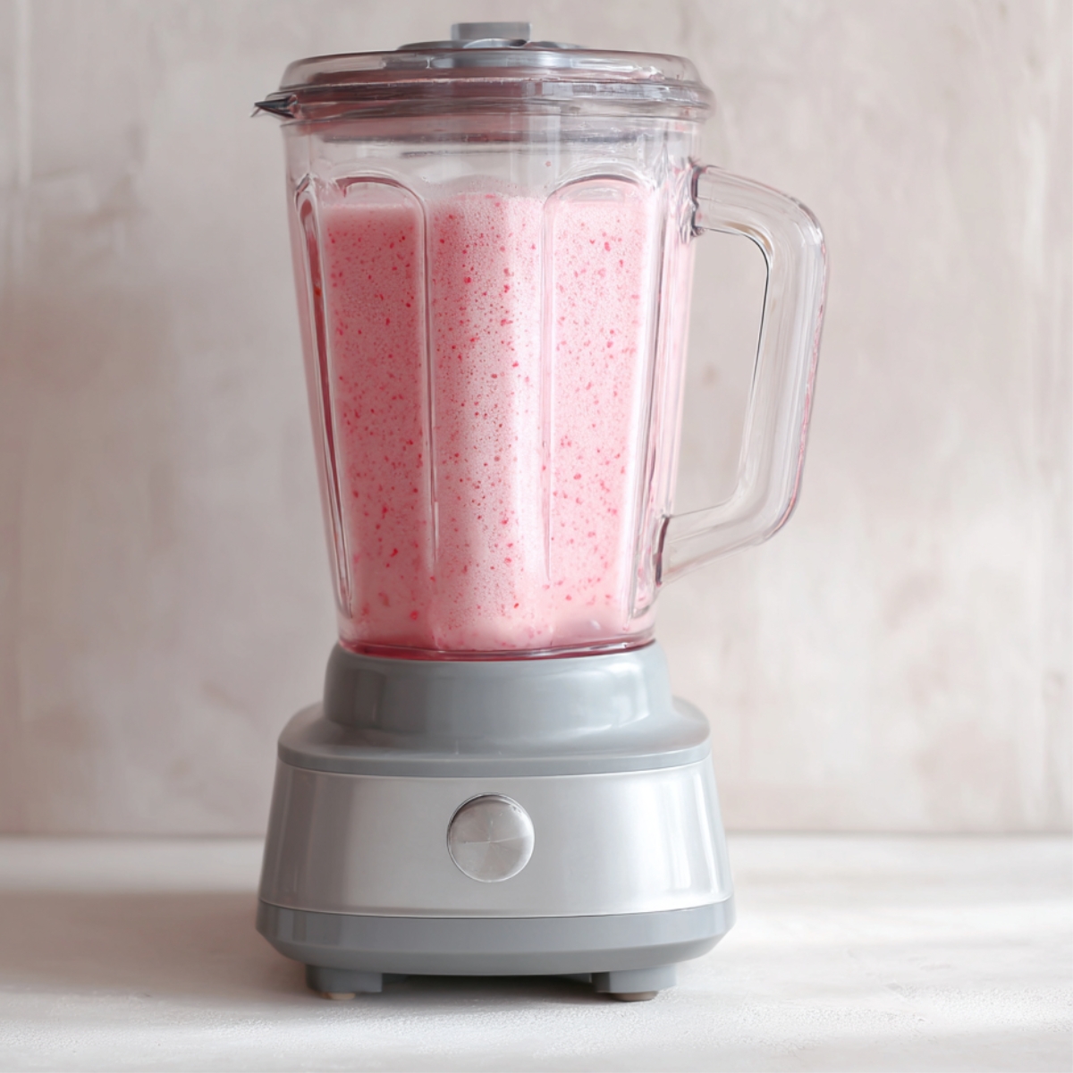A countertop blender filled with a light pink, frothy strawberry-lemon mix, fully blended.