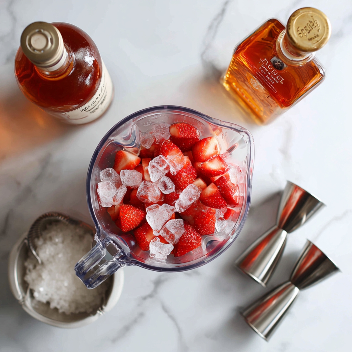 An overhead shot of a blender pitcher now filled with a smooth, bright-red strawberry slush, its surface swirled into a gentle spiral, all sitting on a white marble countertop with soft shadows.