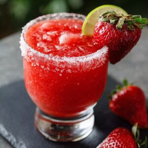 A close-up of a homemade frozen strawberry margarita in a short, thick-walled glass on a dark slate board. The red slushy fills the glass to the brim; the rim is generously coated with coarse salt. A halved strawberry (cut at the stem) and a thin lime wedge perch on the edge. Two ripe strawberries lie softly blurred behind on the slate under natural light from the left.