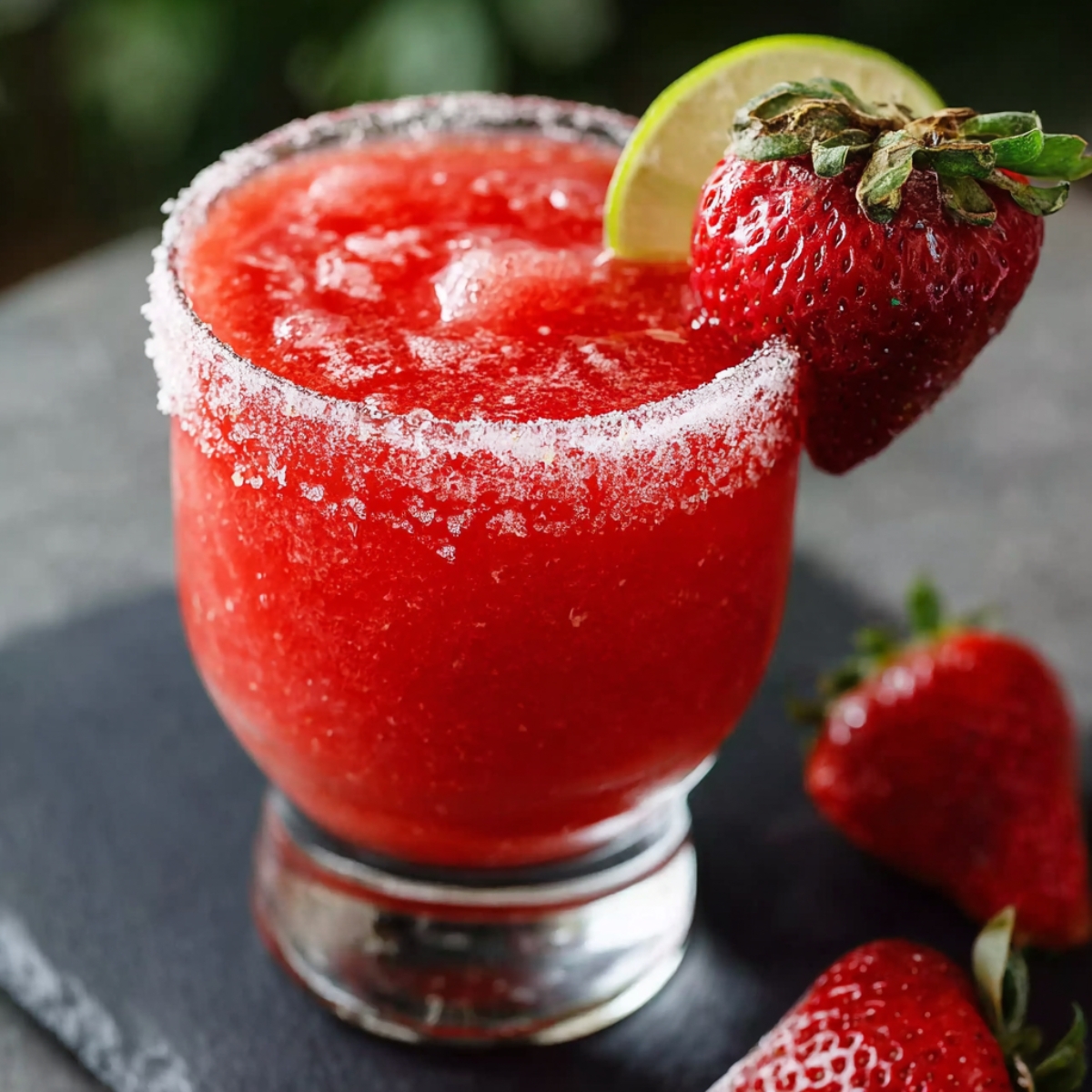 A close-up of a homemade frozen strawberry margarita in a short, thick-walled glass on a dark slate board. The red slushy fills the glass to the brim; the rim is generously coated with coarse salt. A halved strawberry (cut at the stem) and a thin lime wedge perch on the edge. Two ripe strawberries lie softly blurred behind on the slate under natural light from the left.