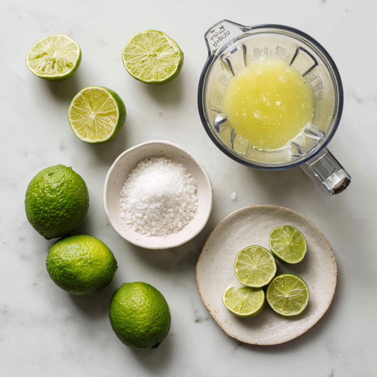 A top-down view of a clear blender jar half-filled with bright red strawberry pieces and chunky ice cubes, with a spoonful of simple syrup on top; beside it on the marble counter sit two stainless steel jiggers and bottles of tequila and orange liqueur.