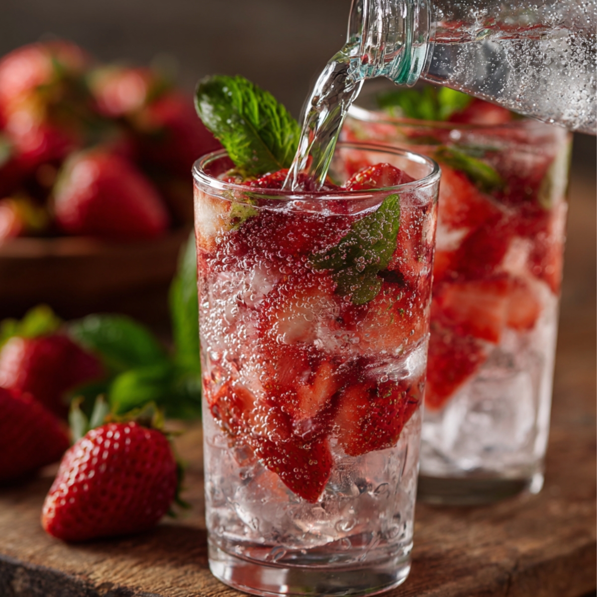 A side-angle shot of clear club soda being poured from a frosted bottle into the glass of muddled strawberries and mint, bubbles rising around the fruit and a second glass in soft focus.
