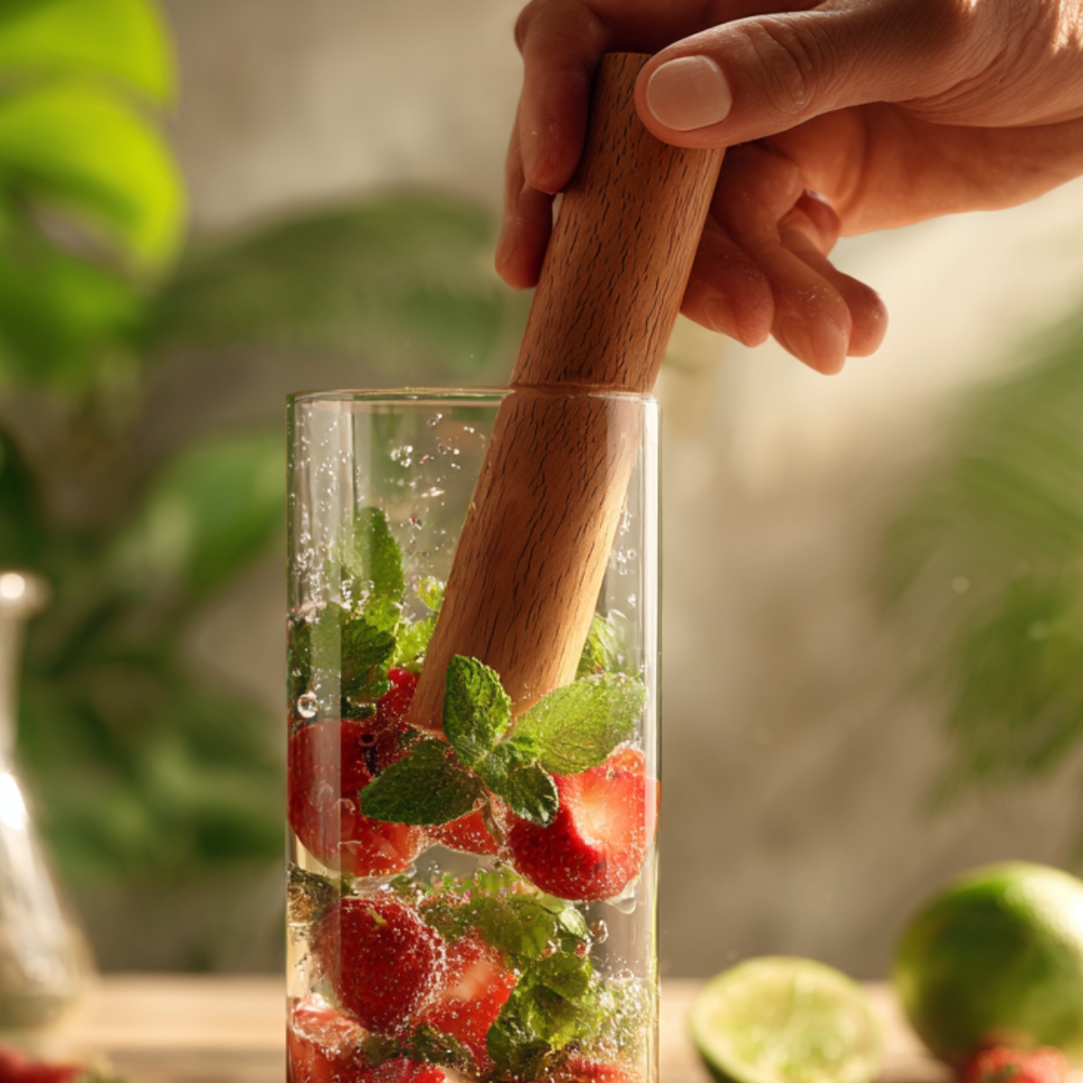A hand pressing a wooden muddler into a tall glass packed with sliced strawberries, fresh mint leaves, and ice, soft sunlight filtering through green foliage in the background.