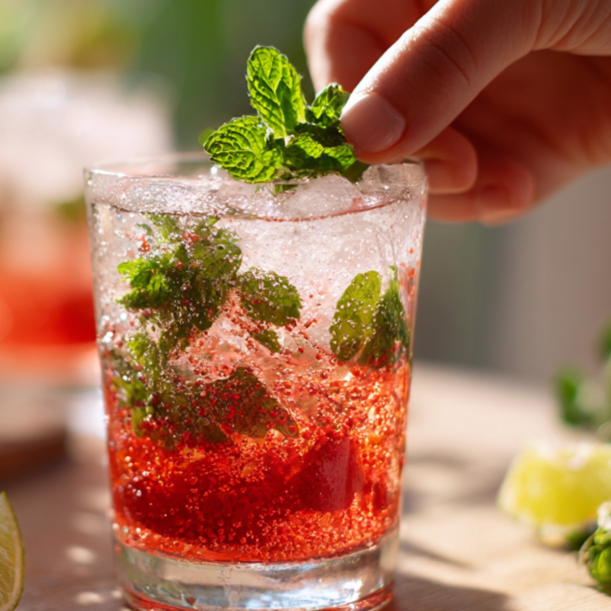 A hand placing a bright green mint sprig atop a fizzy strawberry mojito in a short glass, with a wooden board of lime wedges and spills of mint leaves out of focus behind.