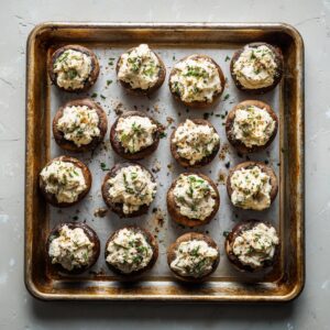 A brushed-metal baking sheet lined with sixteen evenly spaced mushroom caps, each generously topped with a dollop of the creamy cheese-and-mushroom filling. The pan rests on a neutral tabletop.