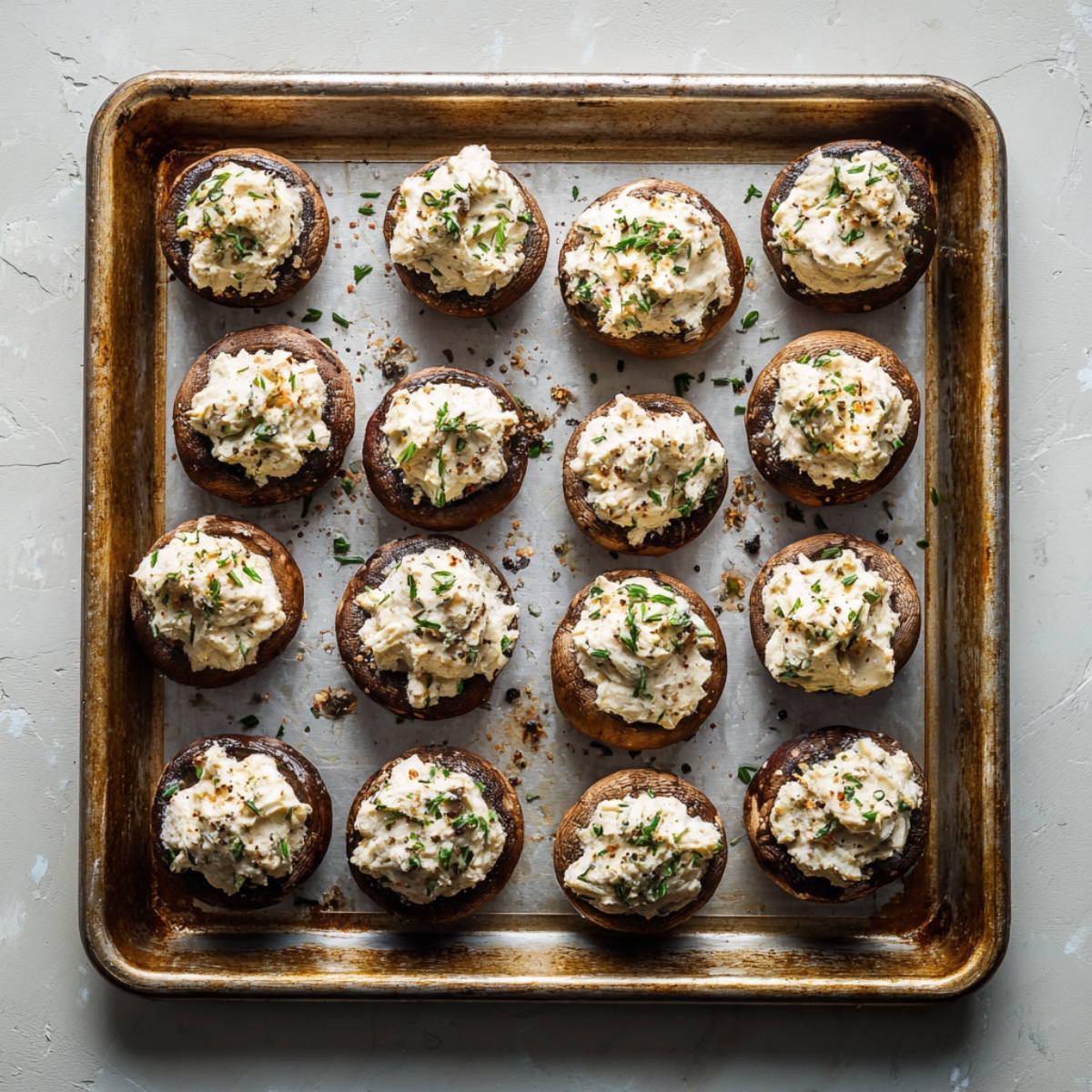 A brushed-metal baking sheet lined with sixteen evenly spaced mushroom caps, each generously topped with a dollop of the creamy cheese-and-mushroom filling. The pan rests on a neutral tabletop.
