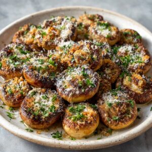 A round ceramic platter piled high with golden-brown stuffed baby bella mushrooms. Each cap is topped with melted Parmesan and finely chopped parsley, and some have a crisp, breadcrumb-like crust.