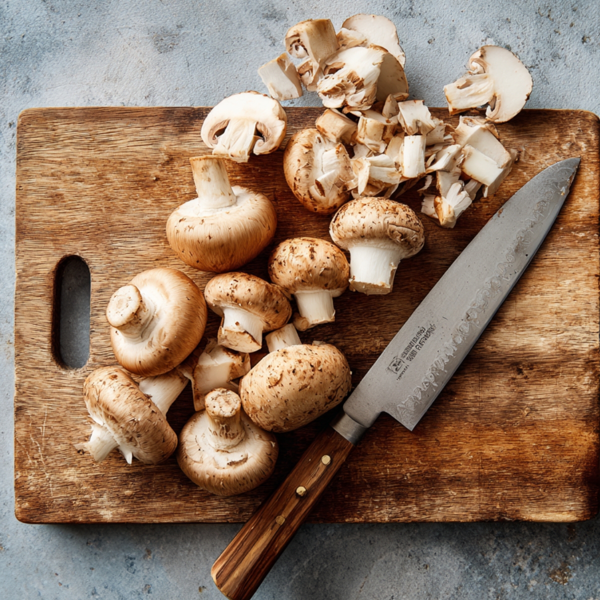 A top-down view of a wooden cutting board on a pale countertop. Several whole baby bella mushrooms—some with stems removed—sit beside a small pile of finely chopped mushroom pieces and a large chef’s knife with a wooden handle.