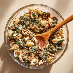 Close overhead view of a clear glass mixing bowl on a light beige countertop, filled with beef, cheese, and spinach pasta shell filling. The mixture is creamy and speckled with crumbled ground beef, wilted dark-green spinach, melted white cheese curds, and flecks of red pepper. A wooden spoon with a rounded bowl rests inside, coated with the filling. Warm sunlight from the left casts soft shadows across the bowl’s rim and the filling, evoking a cozy, homemade preparation moment.
