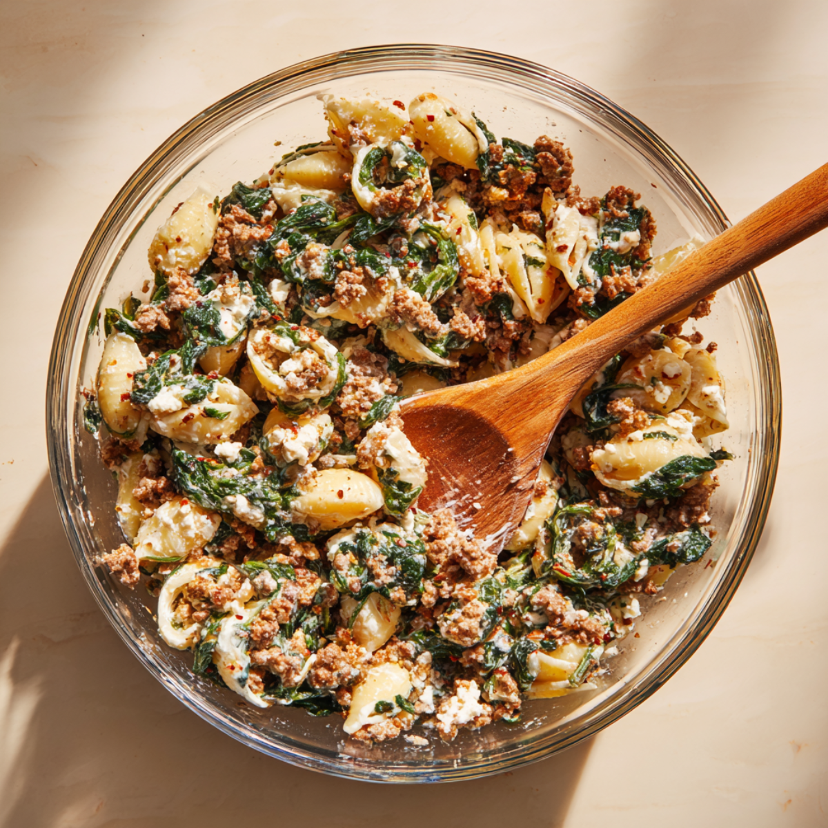 Close overhead view of a clear glass mixing bowl on a light beige countertop, filled with beef, cheese, and spinach pasta shell filling. The mixture is creamy and speckled with crumbled ground beef, wilted dark-green spinach, melted white cheese curds, and flecks of red pepper. A wooden spoon with a rounded bowl rests inside, coated with the filling. Warm sunlight from the left casts soft shadows across the bowl’s rim and the filling, evoking a cozy, homemade preparation moment.