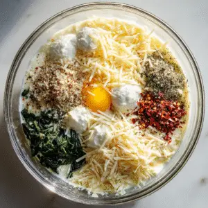 Overhead view of a clear glass mixing bowl on a white marble countertop, filled with unblended stuffed-shells filling ingredients arranged in separate clusters: bright yellow beaten egg pooling at the bottom, dollops of creamy white ricotta cheese, a heap of pale shredded mozzarella, mounds of finely grated Parmesan, wilted dark-green spinach, a sprinkle of mixed Italian herbs, a pile of bright red crushed pepper flakes, and three small scoops of cottage cheese. Soft natural light from the top left casts gentle shadows and brings out each ingredient’s distinct texture, evoking an authentic, homemade prep scene.