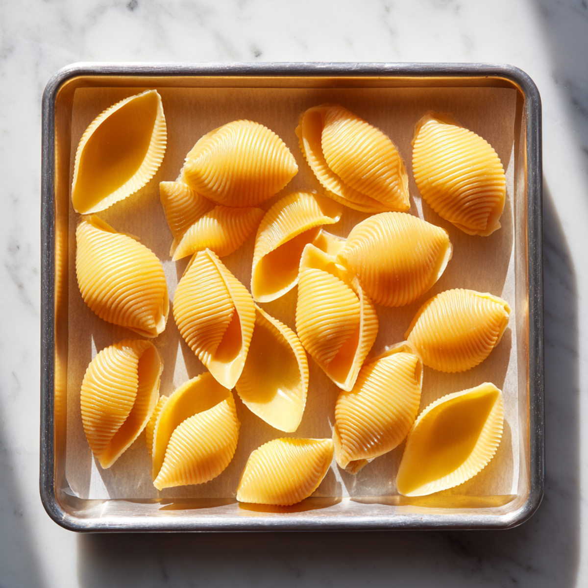 Overhead view of a small metal baking sheet lined with crinkled parchment paper, holding a scattered dozen large, ridged jumbo pasta shells. The tray sits on a white marble countertop streaked with soft gray veins. Warm sunlight from the top left casts strong, angular shadows of the shells and pan edge, highlighting the shells’ golden color and textured ridges, evoking a simple, just-prepped moment in a home kitchen.