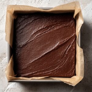 A square baking pan lined with crinkled parchment paper, filled with a smooth and glossy chocolate brownie batter made with sweet potatoes. The surface is rich and shiny, with visible swirls from a spatula spreading the batter evenly. The pan is placed on a rustic, lightly textured off-white surface, with soft shadows and natural lighting, giving a cozy, homemade feel.