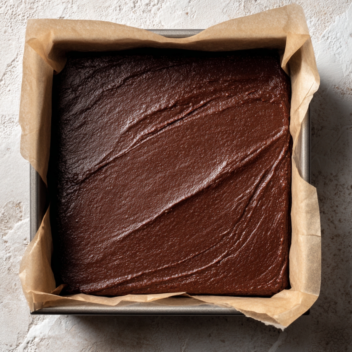 A square baking pan lined with crinkled parchment paper, filled with a smooth and glossy chocolate brownie batter made with sweet potatoes. The surface is rich and shiny, with visible swirls from a spatula spreading the batter evenly. The pan is placed on a rustic, lightly textured off-white surface, with soft shadows and natural lighting, giving a cozy, homemade feel.