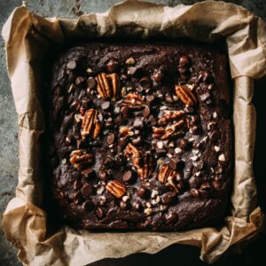 Freshly baked sweet potato brownies in a parchment-lined pan, topped generously with chopped pecans and chocolate chips. The surface is cracked, rich, and fudgy with melted chocolate throughout. Natural golden lighting adds a warm, cozy feel.