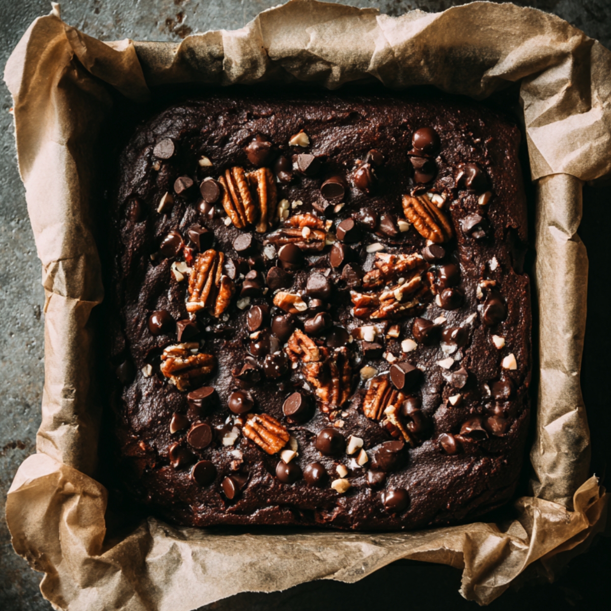 Freshly baked sweet potato brownies in a parchment-lined pan, topped generously with chopped pecans and chocolate chips. The surface is cracked, rich, and fudgy with melted chocolate throughout. Natural golden lighting adds a warm, cozy feel.