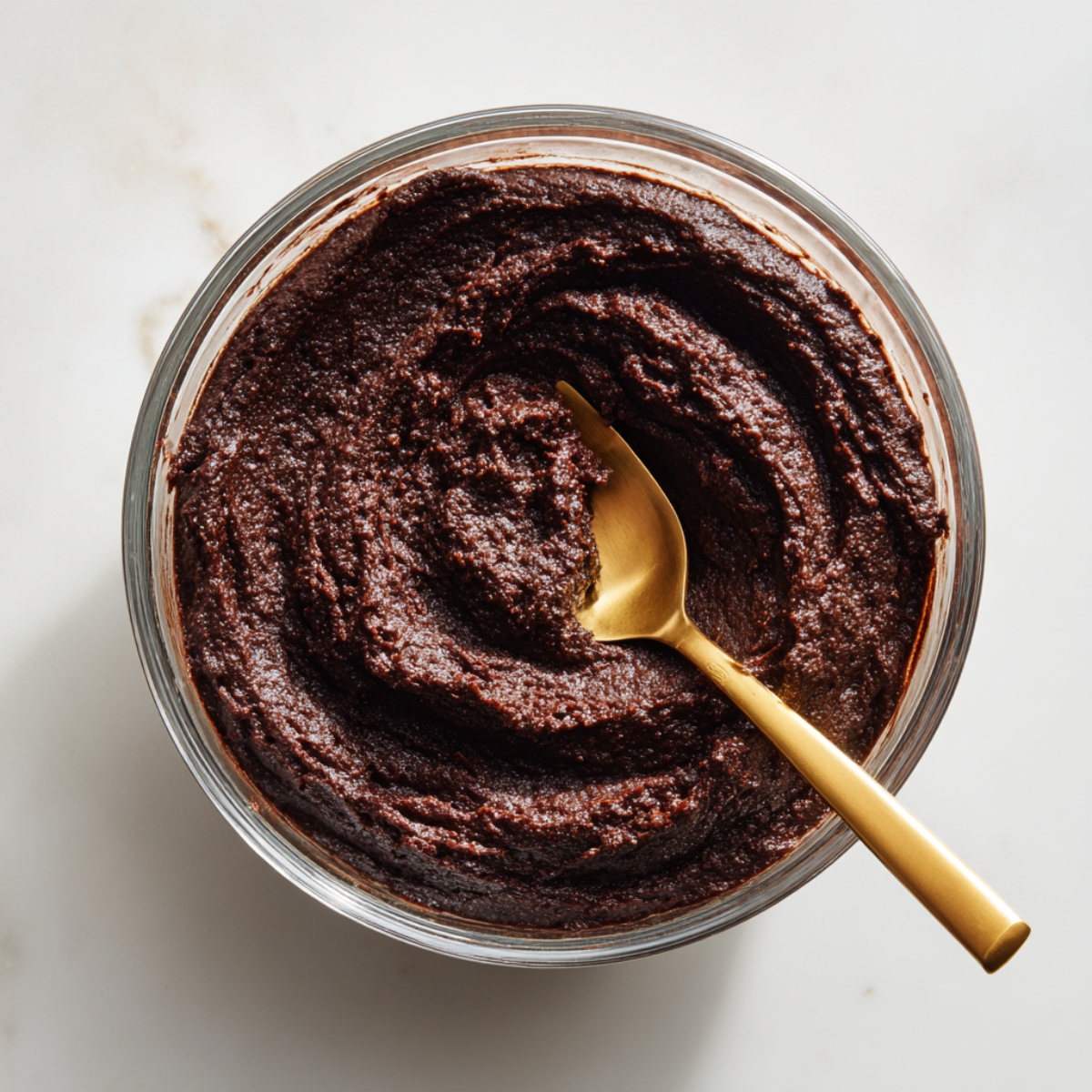 A square baking pan lined with crumpled parchment paper, filled with smooth and evenly spread chocolate brownie batter. The surface has a slight swirl texture, and the pan is placed on a soft-textured, off-white countertop. Looks freshly prepped and oven-ready.