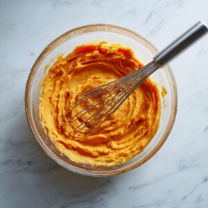 Fully mixed sweet potato brownie batter in a glass bowl. The thick, glossy chocolate mixture is rich and dark with a golden spoon dipped into it. Set on a clean white marble background, the batter looks ready to be transferred to a baking pan.