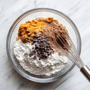 A clear bowl with sweet potato puree, flour, cocoa powder, and dark chocolate chips piled on top before mixing. A metal whisk lies to the side, ready to combine the ingredients. The scene is bright, fresh, and mid-preparation on a white marble surface.
