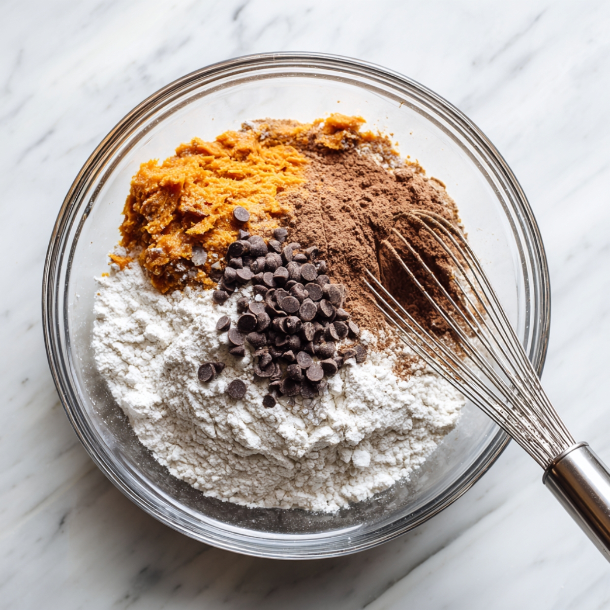 A clear bowl with sweet potato puree, flour, cocoa powder, and dark chocolate chips piled on top before mixing. A metal whisk lies to the side, ready to combine the ingredients. The scene is bright, fresh, and mid-preparation on a white marble surface.