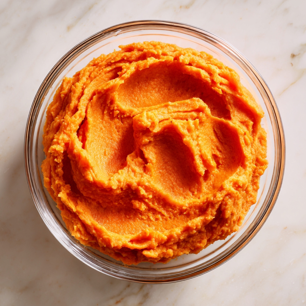 Top-down view of a white rectangular baking dish on a marble countertop, the sweet potato layer fully covered by a raw pecan streusel topping