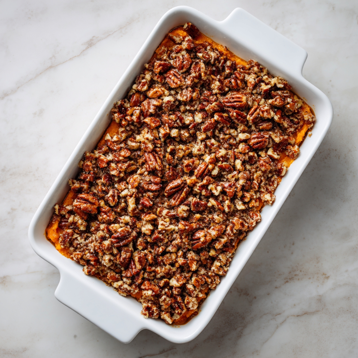 Overhead of a small clear glass bowl on marble, packed with a coarse streusel mix of chopped pecans, brown sugar, flour, and butter crumbs.