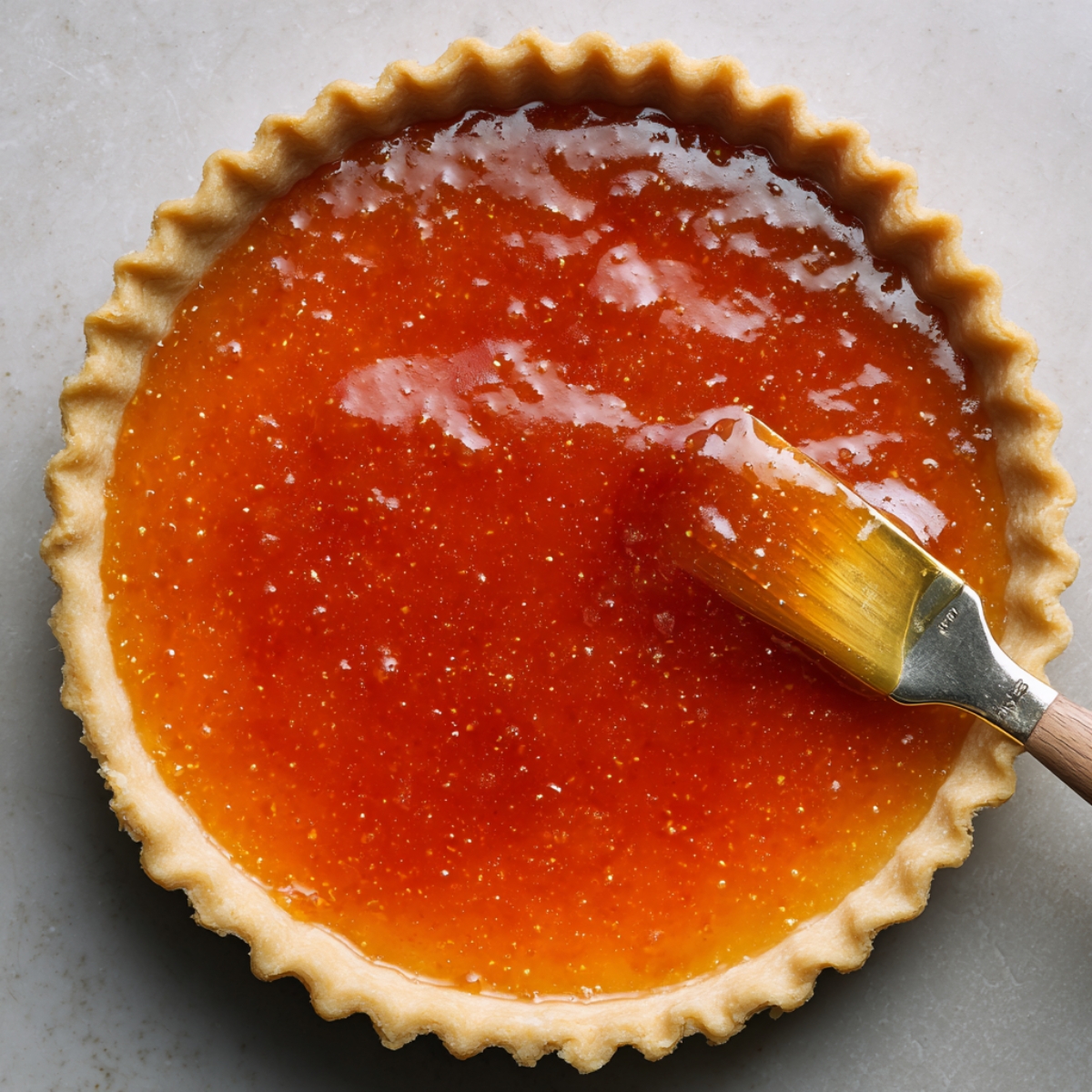 Top-down shot of a fluted pastry shell being brushed with glossy apricot jam by a pastry brush, the vibrant orange glaze evenly coating the bottom.