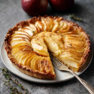 A slice cut out of a golden-brown tarte aux pommes on a gray plate, showing tender baked apple layers; two whole red apples and a sprig of thyme blurred in the background.