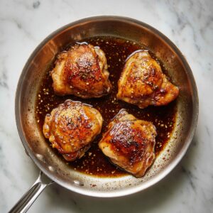 A stainless-steel skillet on a white marble countertop holds several chicken thighs sizzling in teriyaki sauce, their glossy brown surfaces glistening under soft side lighting.