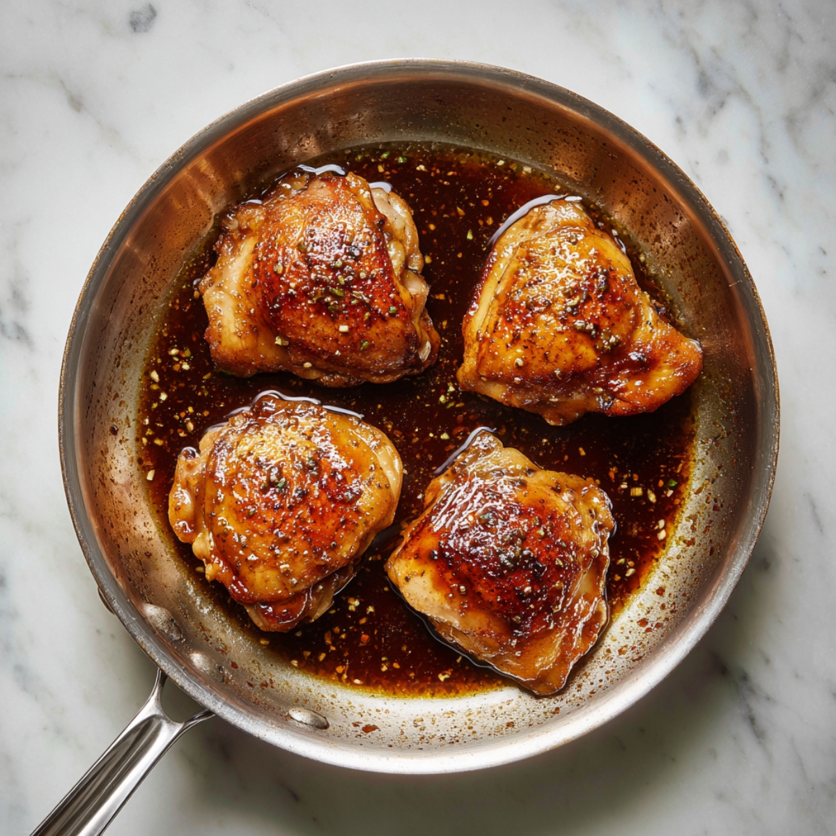 A stainless-steel skillet on a white marble countertop holds several chicken thighs sizzling in teriyaki sauce, their glossy brown surfaces glistening under soft side lighting.