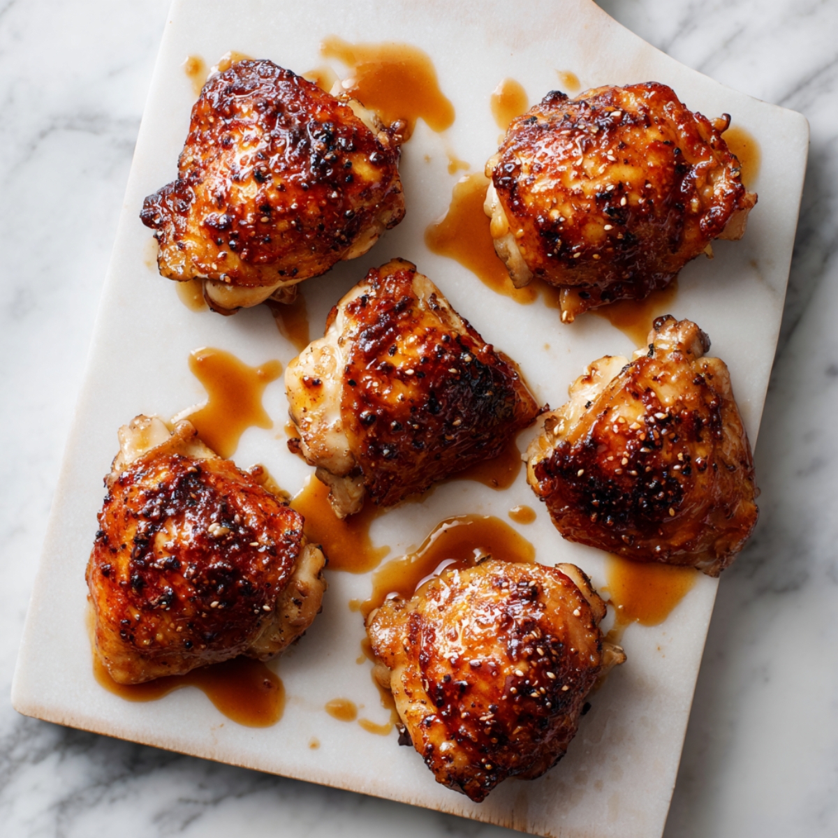 A white enamel baking dish on a marble surface contains raw boneless chicken thighs partially submerged in dark, glossy teriyaki marinade pooling around the edges.