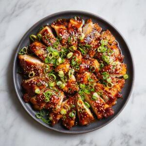 A white ceramic bowl on a marble countertop holds dark teriyaki sauce flecked with minced garlic and ginger, tiny bubbles rising on the surface, with a fork resting inside.
