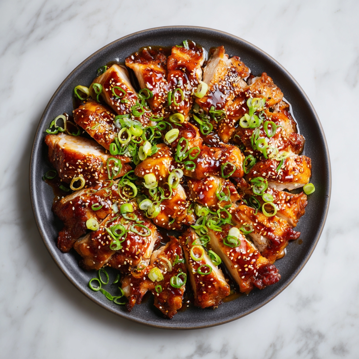 A white ceramic bowl on a marble countertop holds dark teriyaki sauce flecked with minced garlic and ginger, tiny bubbles rising on the surface, with a fork resting inside.