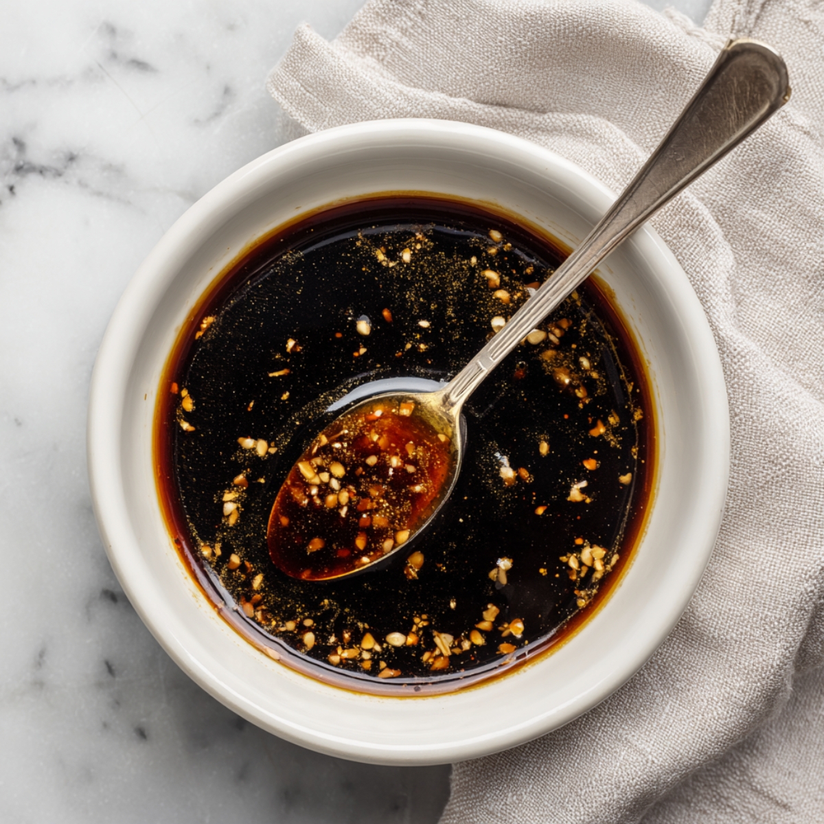 Six golden-brown teriyaki-glazed chicken thighs arranged irregularly on a clean white cutting board, with sauce droplets around them, photographed from above.