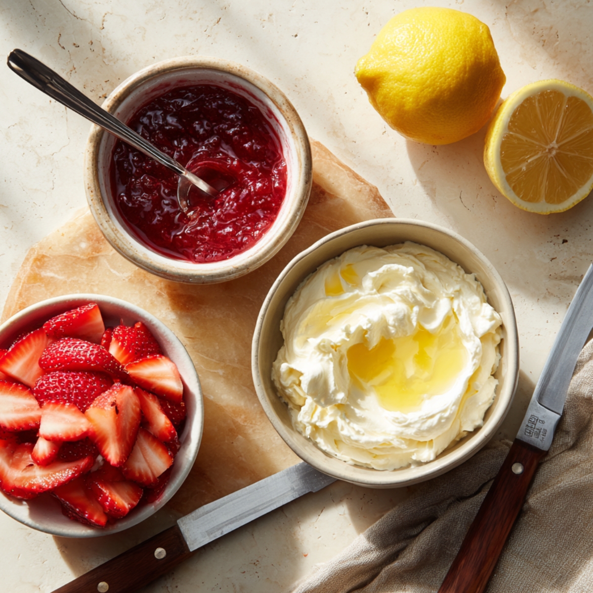 Overhead on marble countertop: a large metal mixing bowl with fluffy whipped cream and beaters, a smaller bowl of smooth mascarpone cheese with a wooden spatula, and small dishes of sugar, vanilla, and grated cheese nearby