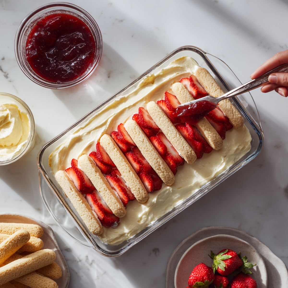 Overhead view of a white marble countertop showing a rectangular glass dish with a single row of ladyfingers dipped in strawberry jam being placed atop a layer of mascarpone cream, surrounded by bowls of extra jam, mascarpone, and fresh strawberries