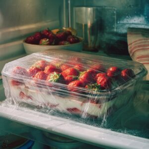 A rectangular glass baking dish filled with layered strawberry tiramisu, topped with whole strawberries and covered tightly with clear plastic wrap, sitting on a refrigerator shelf with condensation on the wrap and a bowl of extra berries behind it.