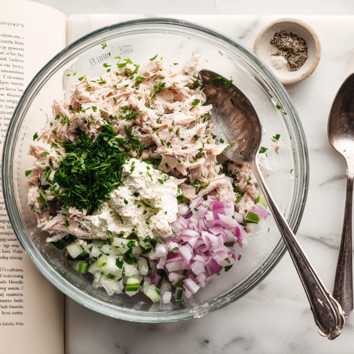 An overhead view of a glass bowl set atop an open cookbook page, filled with flaked tuna, finely chopped celery and red onion, fresh herbs, and a dollop of creamy dressing, flanked by two antique silver spoons on the marble surface.