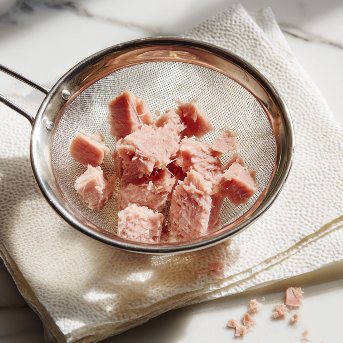 A stainless-steel mesh strainer holding pink tuna chunks over folded paper towels on a white marble countertop, with a few stray flakes of tuna scattered around the base.
