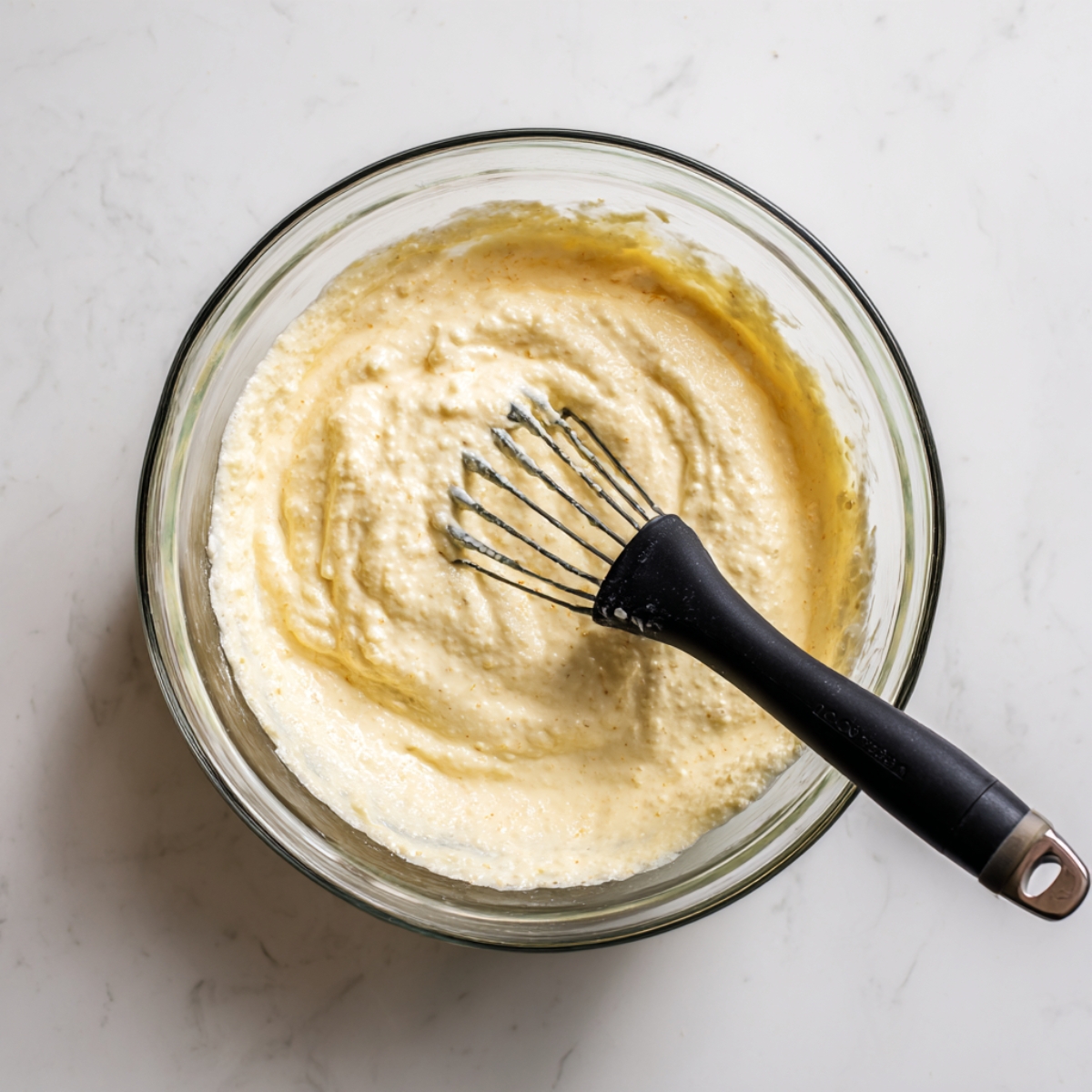 Close-up of a glass mixing bowl containing creamy ricotta blended with eggs and basil, with a black whisk resting on top against a white marble surface.