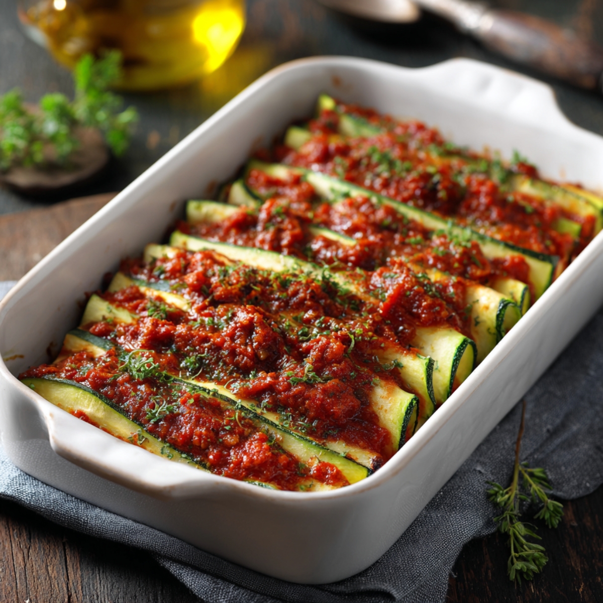 Angled view of a rectangular dish of zucchini “noodles” neatly lined up and topped with bright red tomato sauce and chopped herbs, set on a dark rustic table.