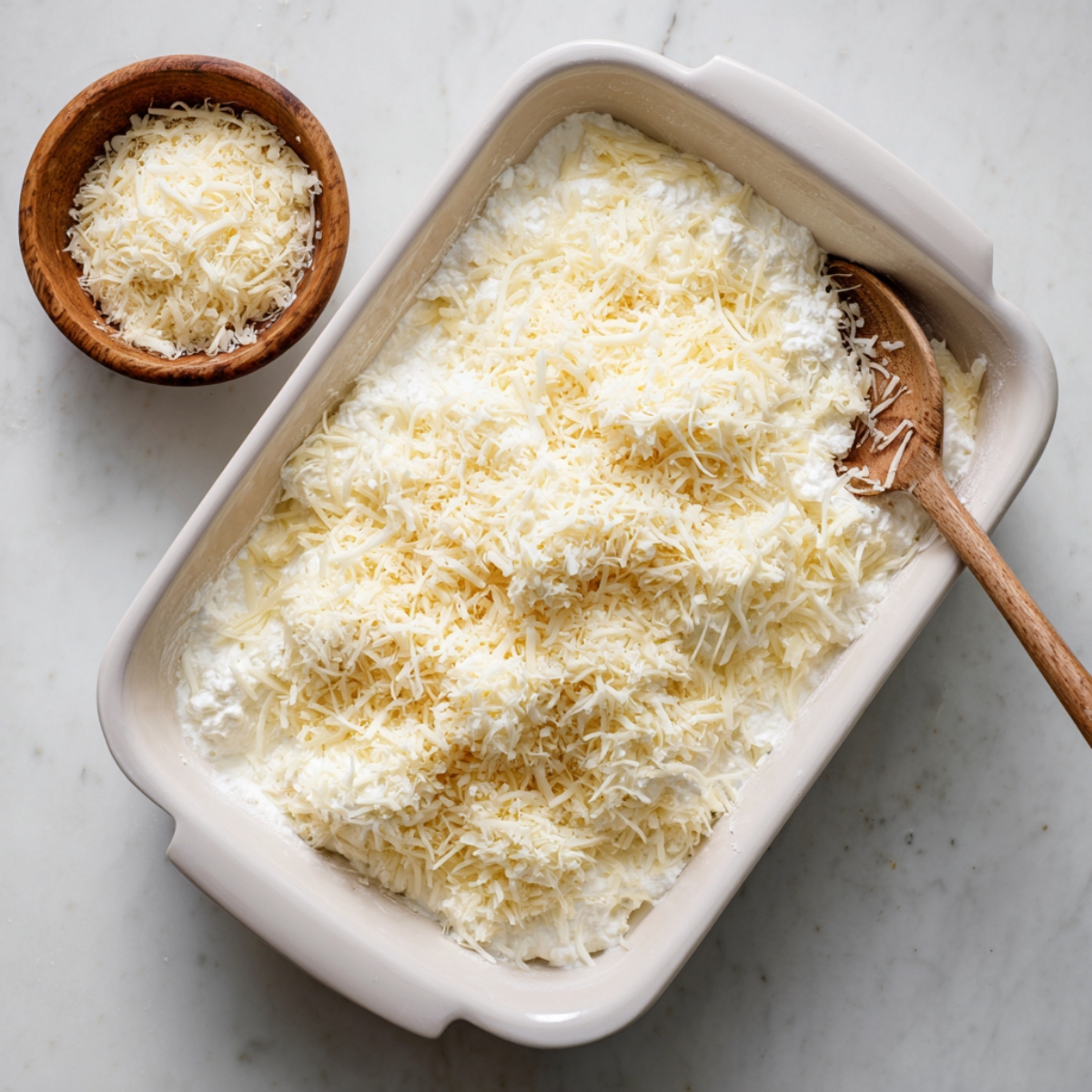Overhead shot of a white baking dish filled with a smooth ricotta-egg mixture, sprinkled with shredded mozzarella, with an extra bowl of cheese to the side on a marble countertop.