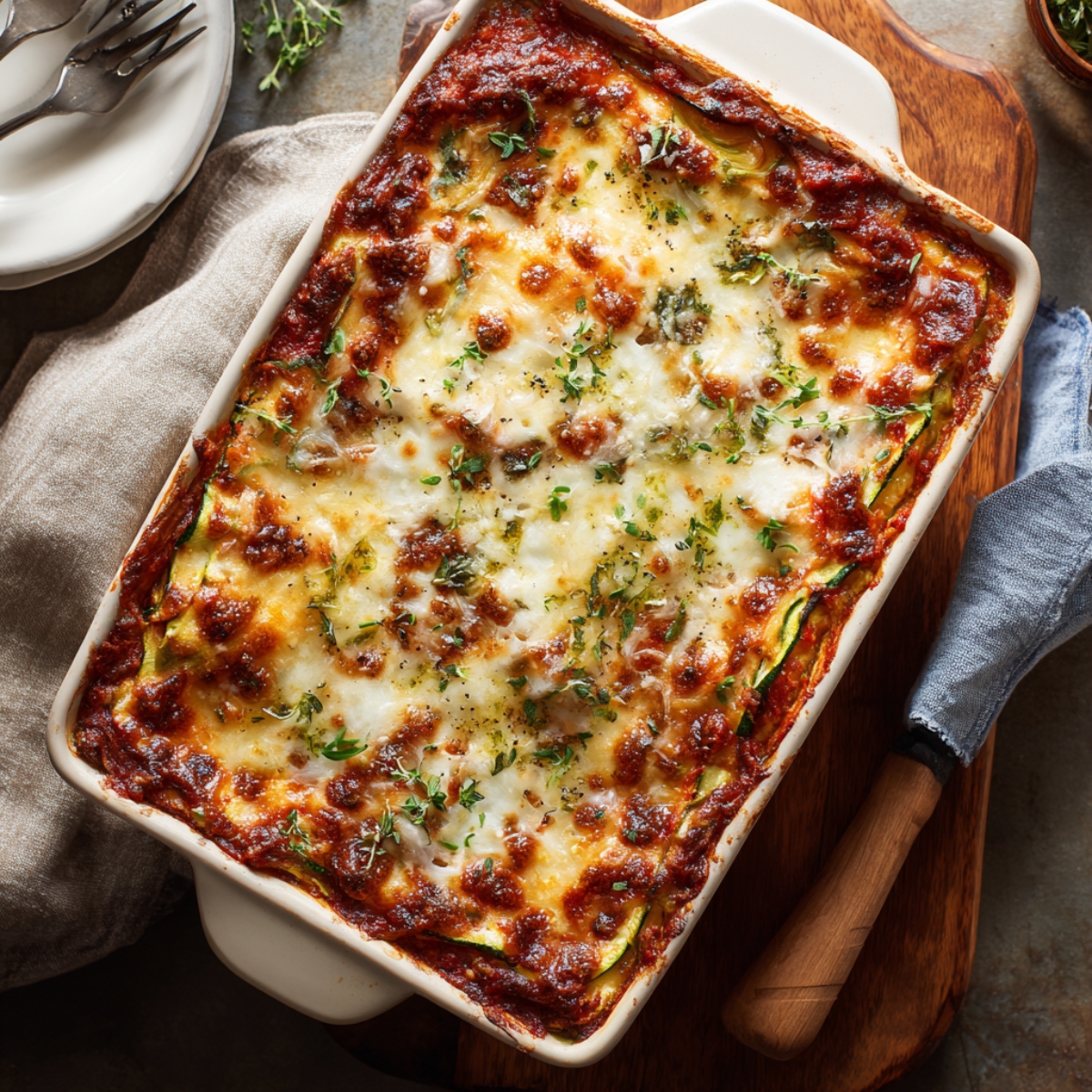 Top-down view of a golden, bubbly zucchini lasagna in a white casserole dish, resting on a wooden board, garnished with fresh thyme and served alongside a linen napkin and forks.