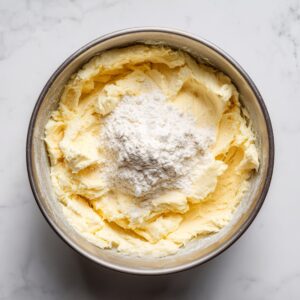 An overhead view of a stainless-steel mixing bowl on a white marble counter, showing pale yellow creamed butter and sugar with a mound of sifted flour and a pinch of baking powder on top, ready to be folded in.