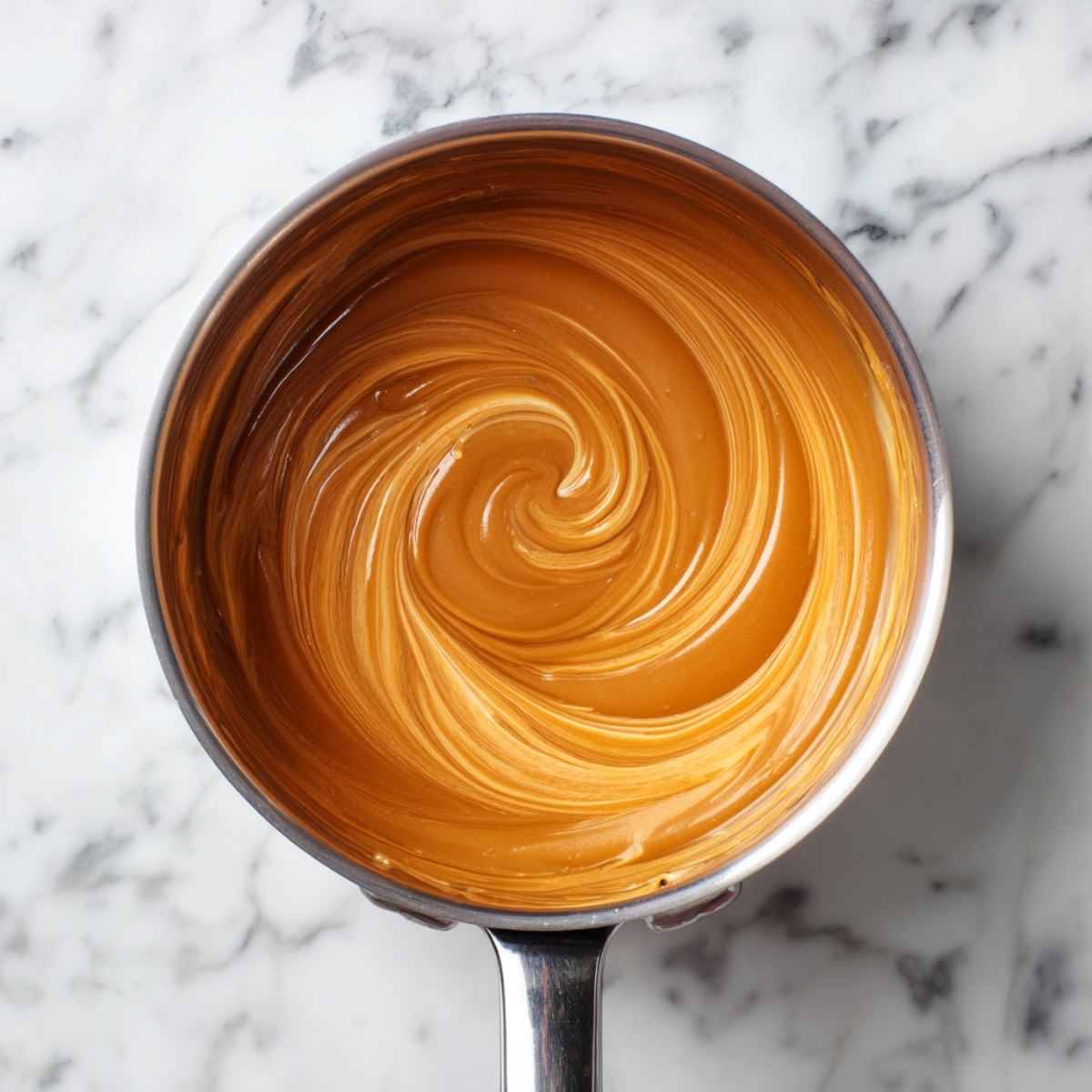 A top-down shot of a polished stainless-steel saucepan sitting on white marble, filled with glossy amber caramel sauce swirled into a smooth vortex, the surface reflecting soft daylight.