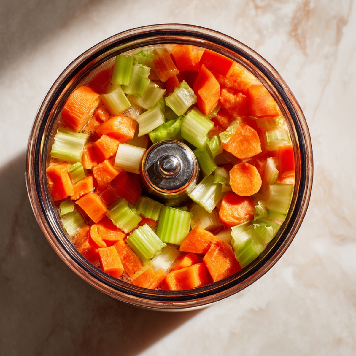 Top-down shot into a juicer’s feed tube crammed with chopped carrots and celery, set on a light countertop with gentle daylight illuminating the vibrant produce.