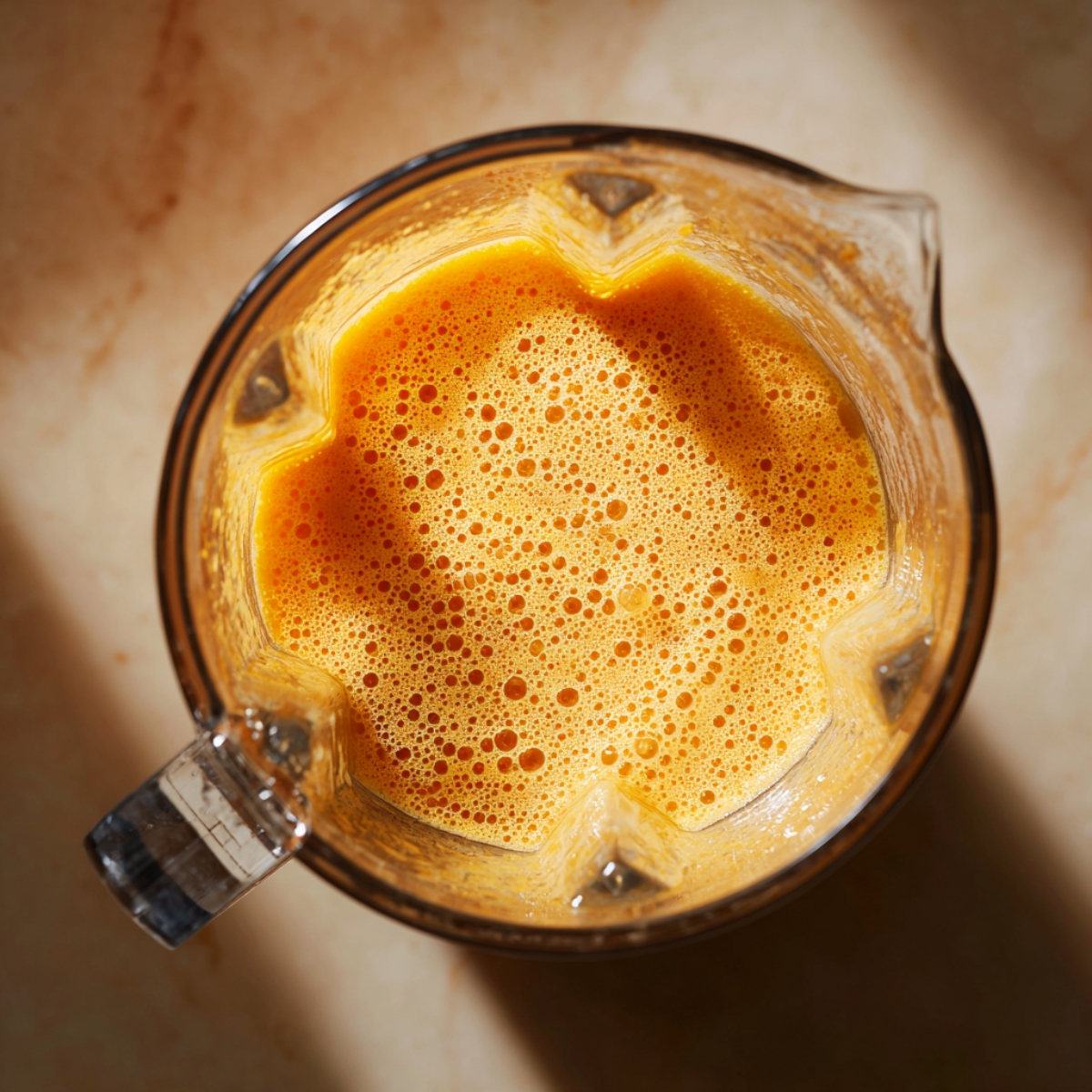 Bird’s-eye view into a clear blender pitcher half-full of smooth, frothy orange carrot purée, the creamy liquid clinging to the sides under warm kitchen light.