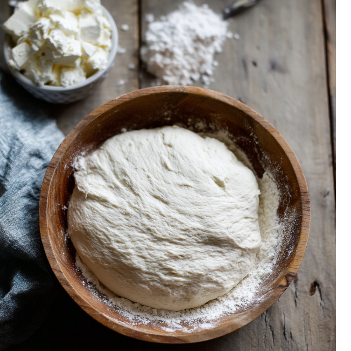 A wooden bowl filled with risen dough, floured around the edges. In the background, there’s a small bowl of cubed cream cheese and a dusting of flour on a rustic wooden surface, all lit by warm morning light.