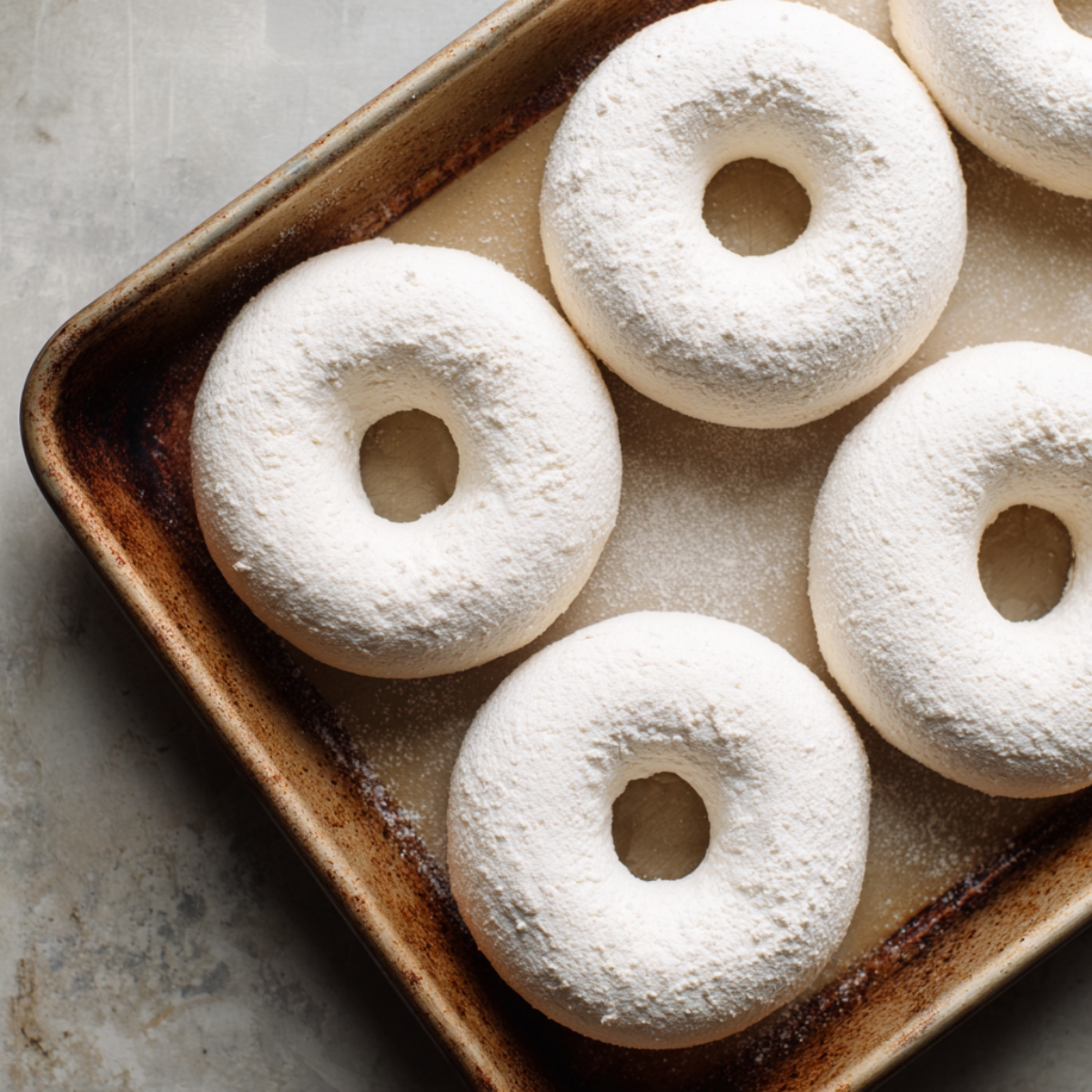 Unbaked bagels coated in flour resting on a worn, lightly greased baking tray. The dough is soft and pillowy, with visible flour dust and slight finger indentations, showing clear homemade prep.